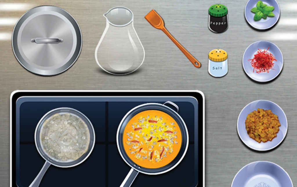 Image of a screen capture from the app: illustrations of plates and food related items. 